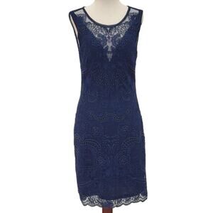 NWT Women's Navy Blue Scoop Neck Short Dress with Beautiful Detailed Overlay